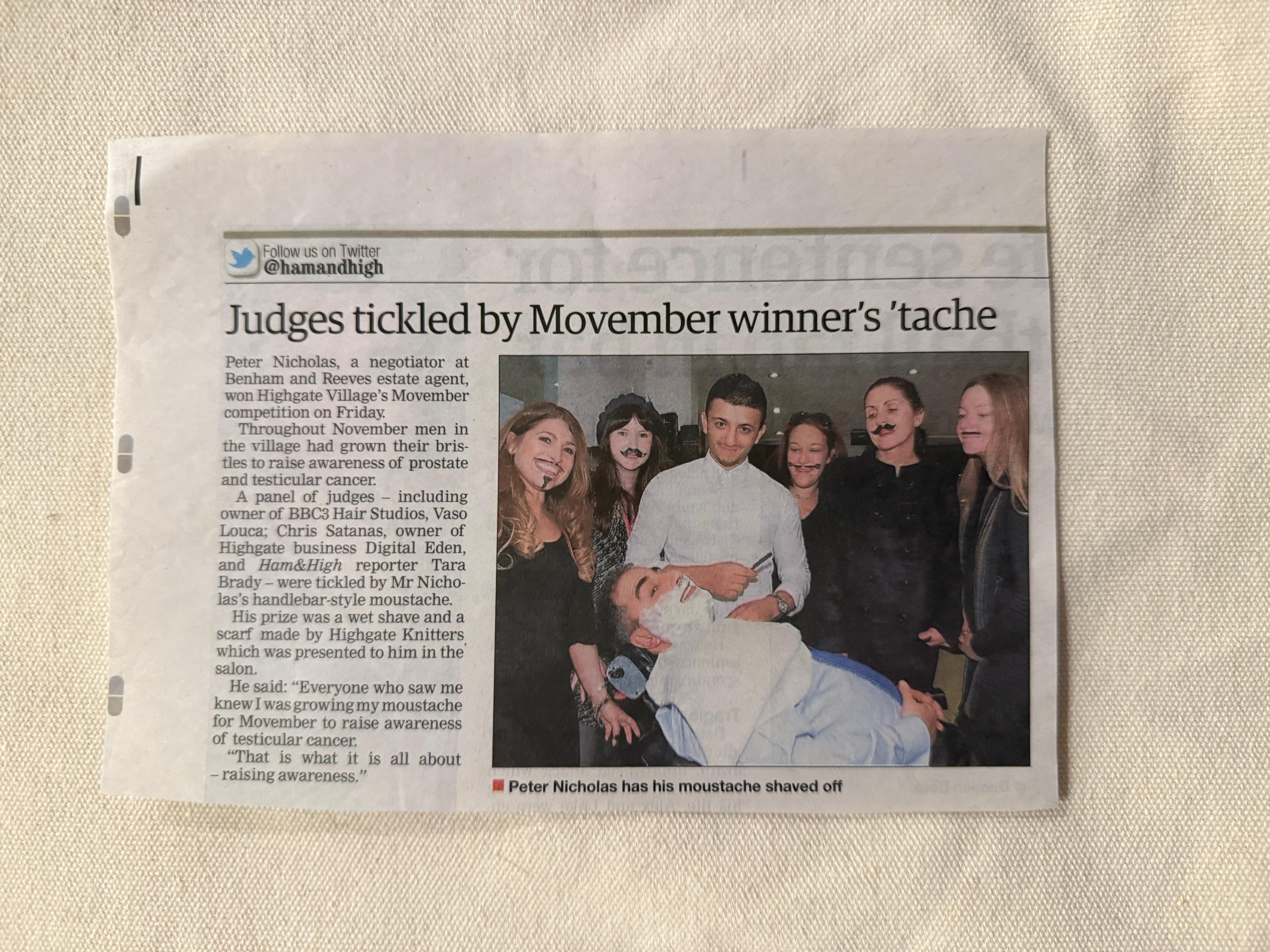 Archived newspaper cutting about the Highgate Village Movember winner